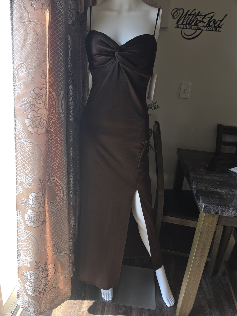 Inspired Hearts Brown Twist-Bust Maxi Dress with Thigh Slit
